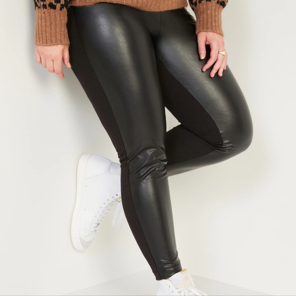 Old Navy Black High-Waisted Faux-Leather Panel Leggings For Women XL NWT - Picture 4 of 6